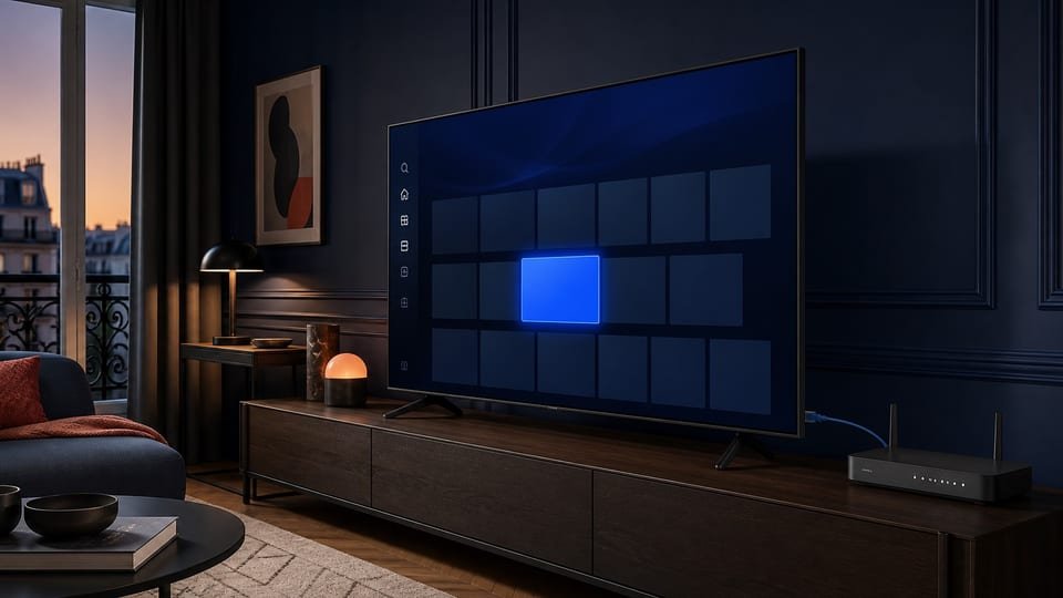 Illustration d’un téléviseur connecté dans un salon avec un routeur à proximité